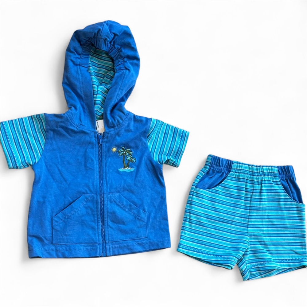 Vintage Little Wonders Blue Embroidered Zip Hood Shirt/Shorts Set Baby 3-6 Month